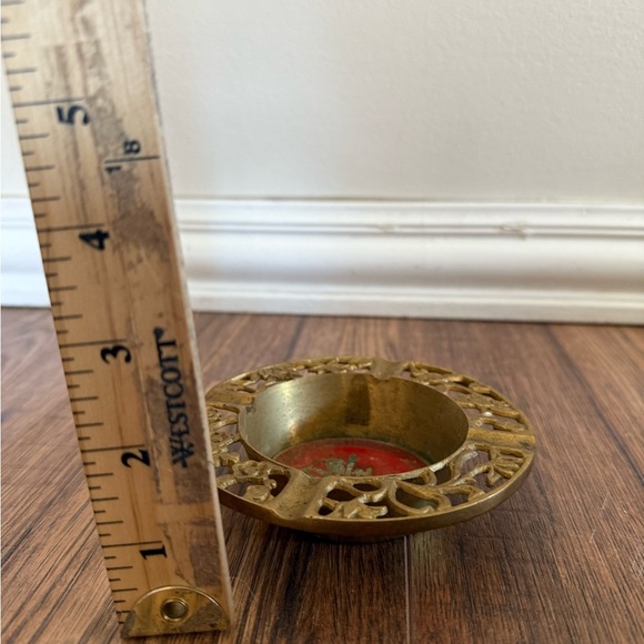 Vintage Chinese Brass Red  Ashtray Chinese Symbol Flower Cutouts Floral - Picture 5 of 6